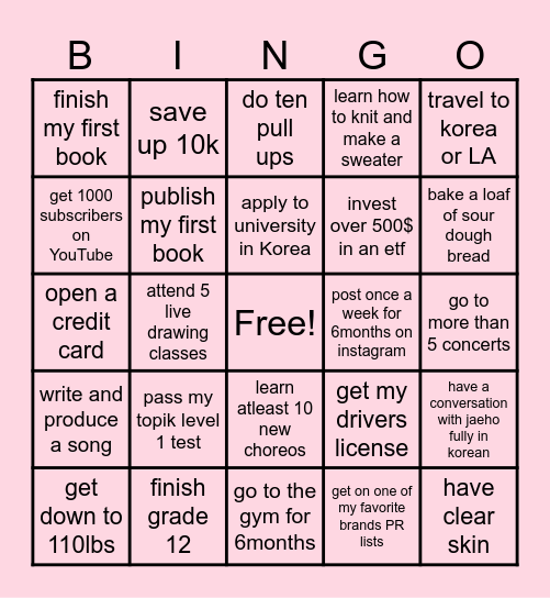 New Years Resolutions Bingo Card