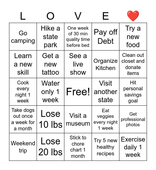 New years Bingo Card