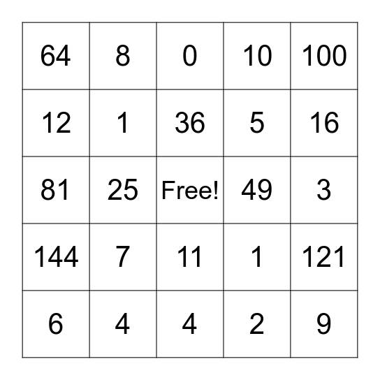 Square Root Bingo Card