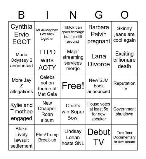 2025 Pop Culture Bingo Card