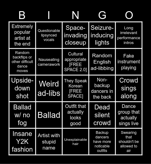 kpop stage bingo Card