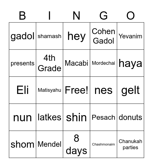 Chanukah Bingo Card