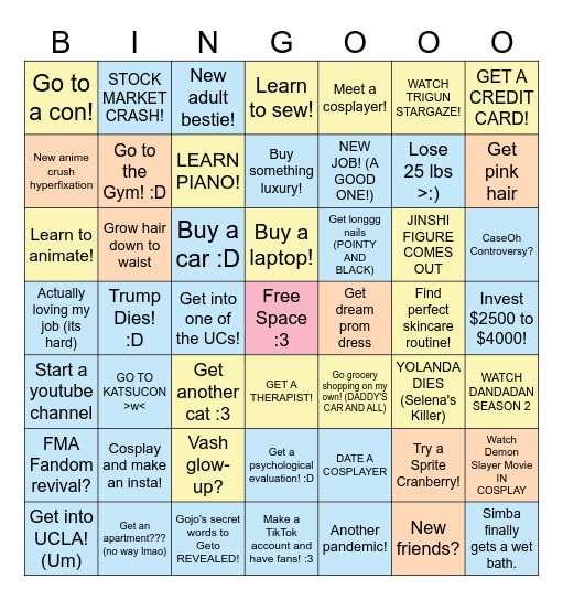 My Goals and Predictions Bingo Card