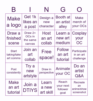 Artist Goals Bingo Card