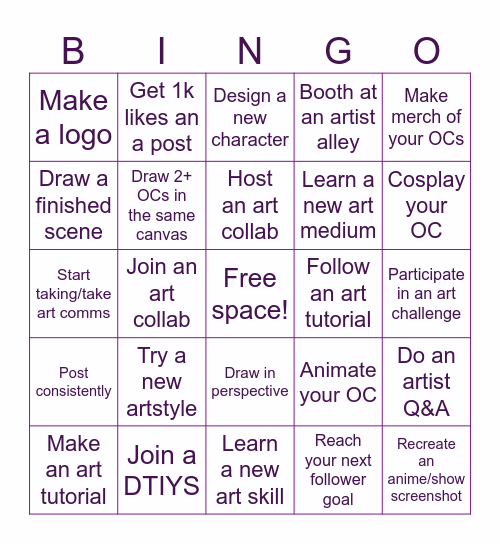 Artist Goals Bingo Card