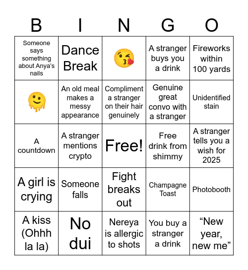 Shimmy Slosh 2024 Bingo Card
