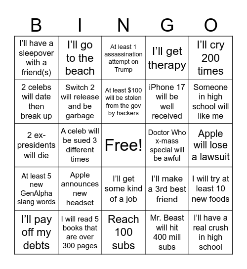 2025 Bingo Card Bingo Card