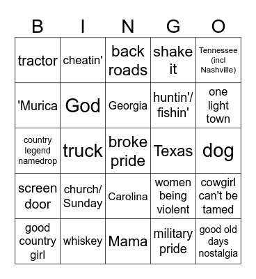 Country Music Bingo Card