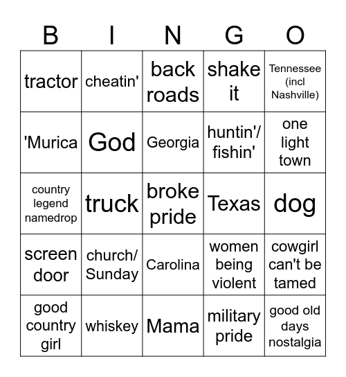 Country Music Bingo Card