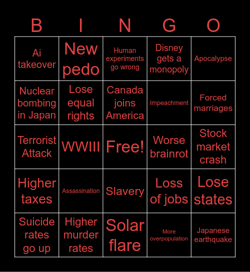 2025 Disaster Bingo Card