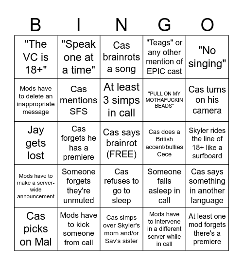 CFE voice channel bingo Card