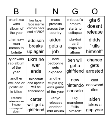 2025 Bingo Card Bingo Card