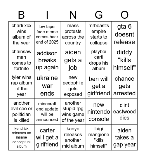 2025 Bingo Card Bingo Card