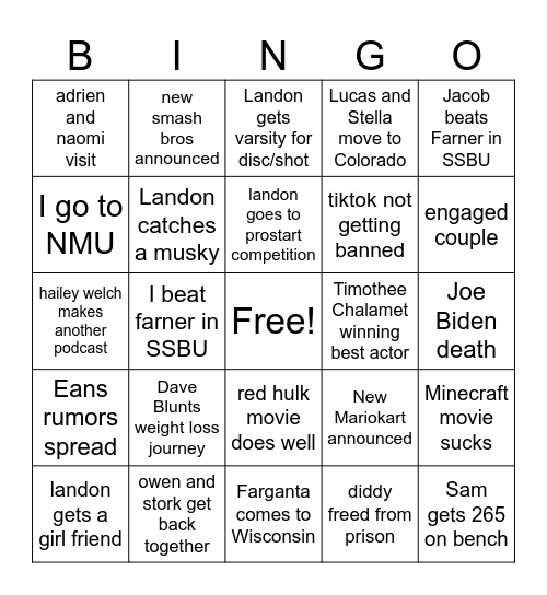 new year Bingo Card