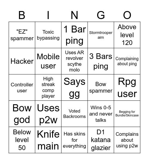 Rivals Bingo Card