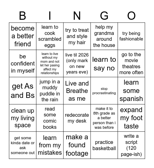 Resolutions of 2025 Bingo Card