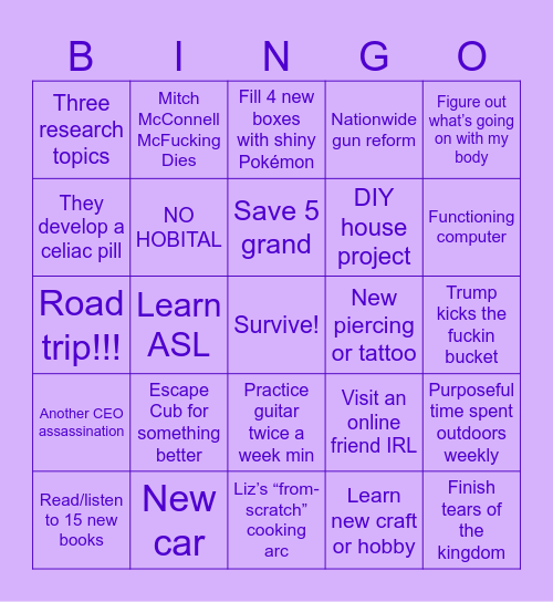 Liz’s 2025 Bingo Card