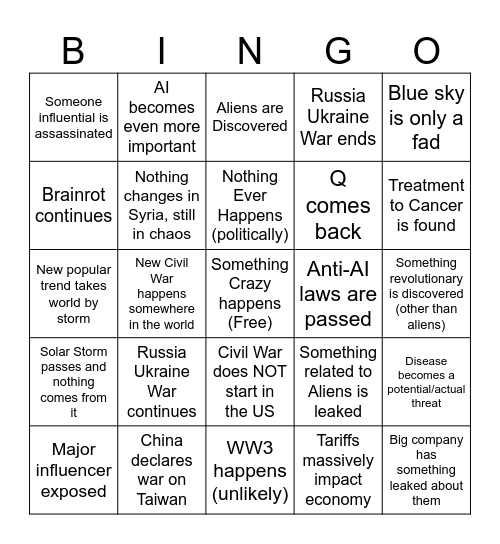 2025 Bingo Card Bingo Card