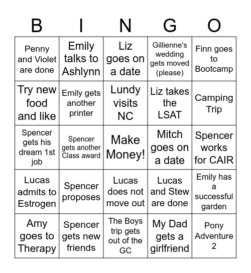 Spencer's Bingo Card