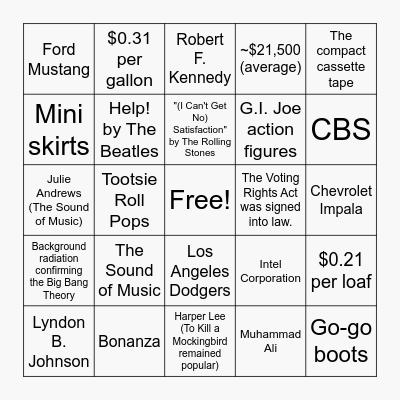 Year of 1965 Bingo Card
