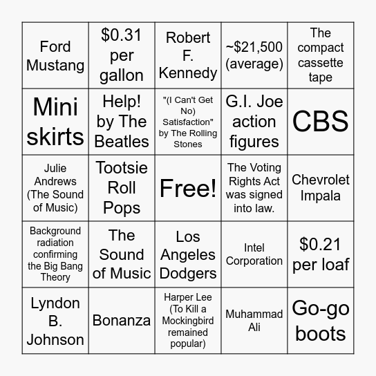 Year of 1965 Bingo Card