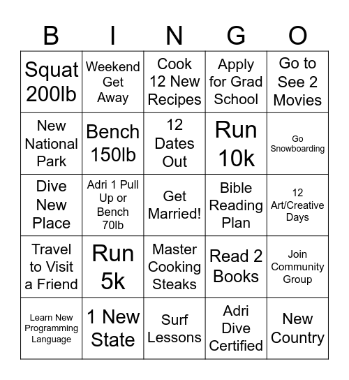 2025 Goals Bingo Card
