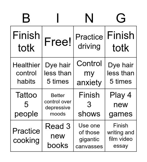 2025 resolutions Bingo Card