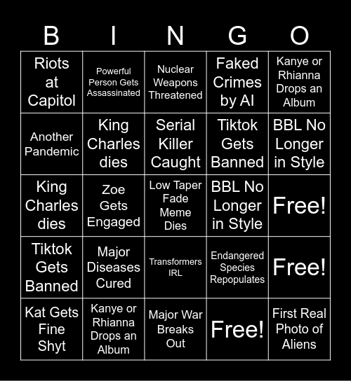 Kat and Zoe Predict 2025 Bingo Card