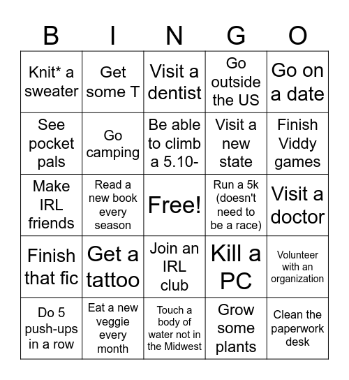 New Year's resolutions bingo Card