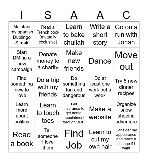 New Years Bingo Card