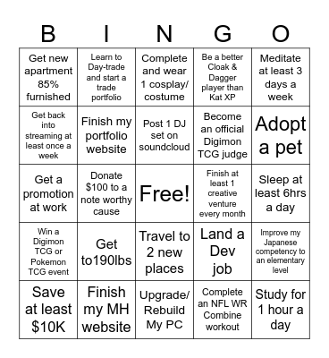New Years Goals Bingo Card