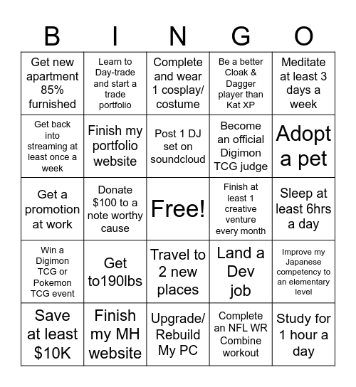 New Years Goals Bingo Card