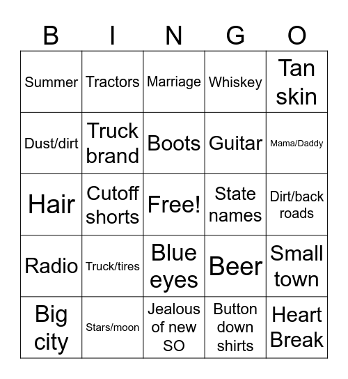 Country Song Bingo Card