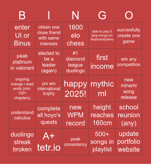 Afkar's 2025 Bingo Card