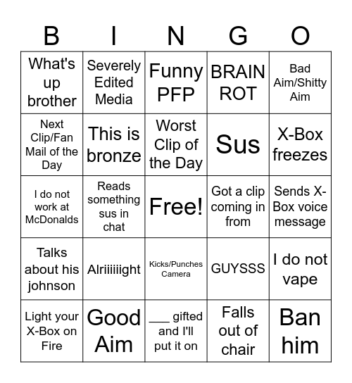 Jynxzi Bingo Card