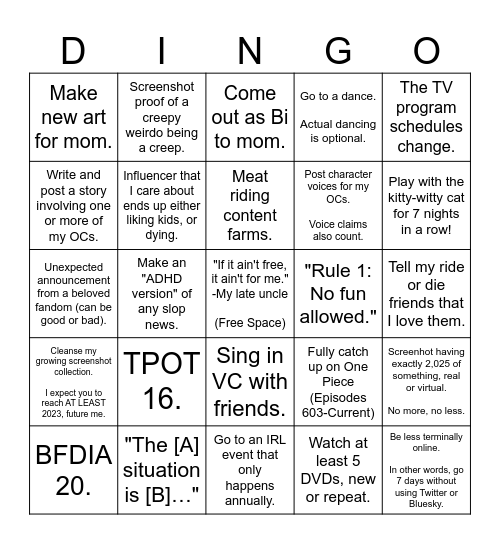 LJ's 2025 Bingo Card