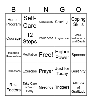 Recovery Bingo Card