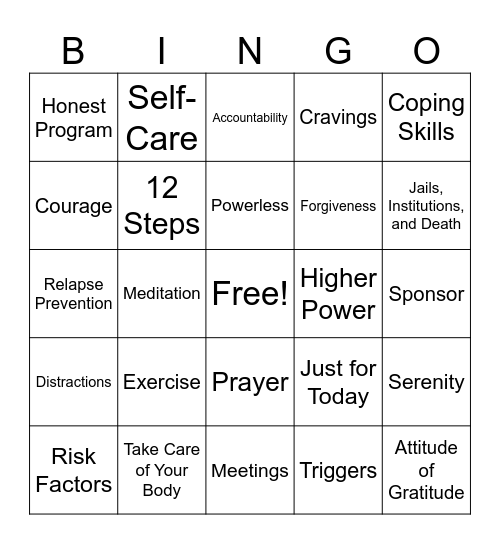 Recovery Bingo Card