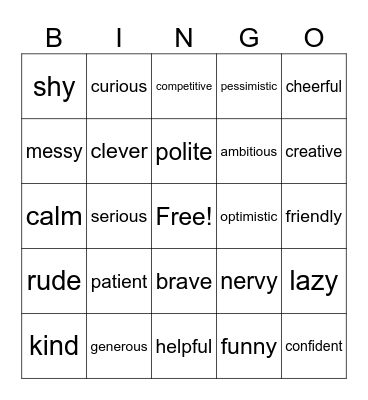 personality  features Bingo Card