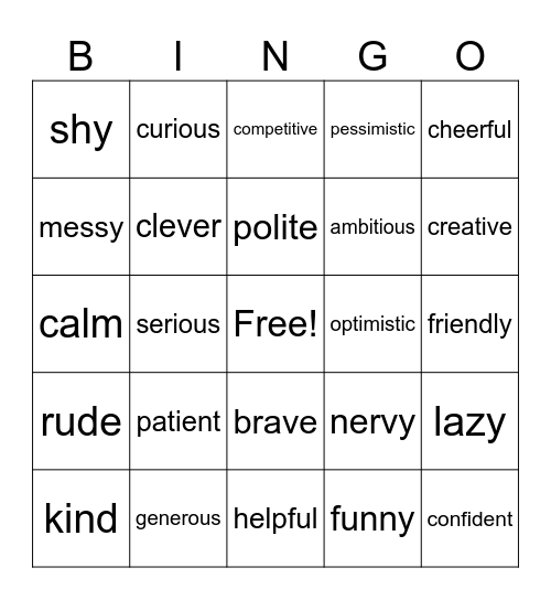 personality  features Bingo Card