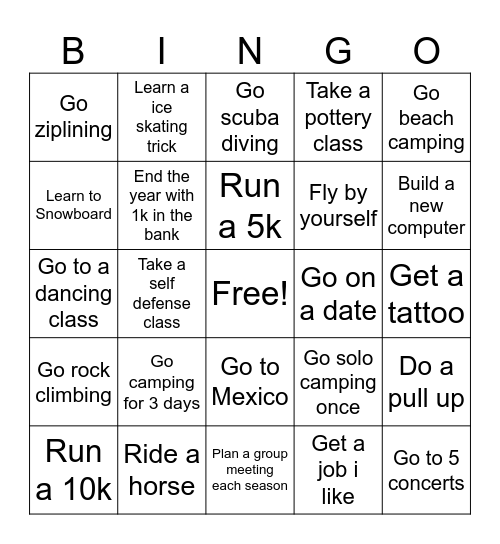 New Years Resolution Bingo Card