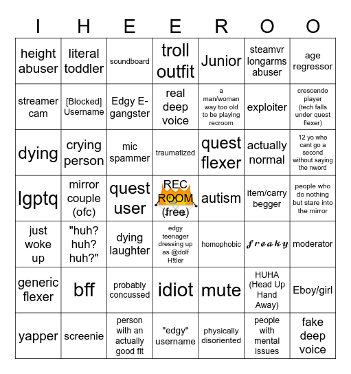 Rec Room Rec Center Bingo Card