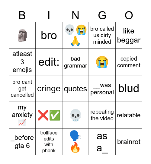 Youtube Shorts Bingo Card