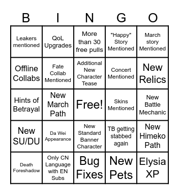 3.0 HSR Bingo Card