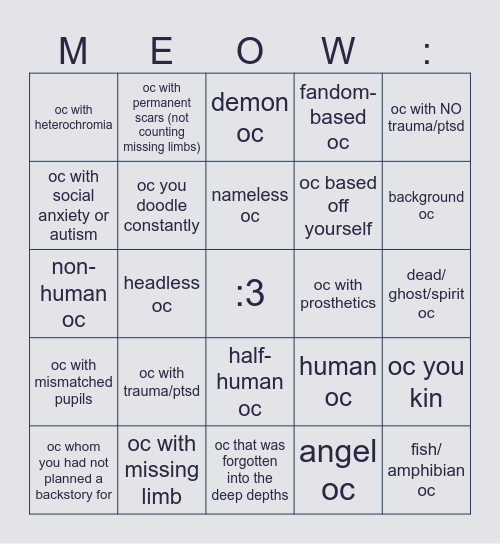 OC Bingo Challenge Bingo Card