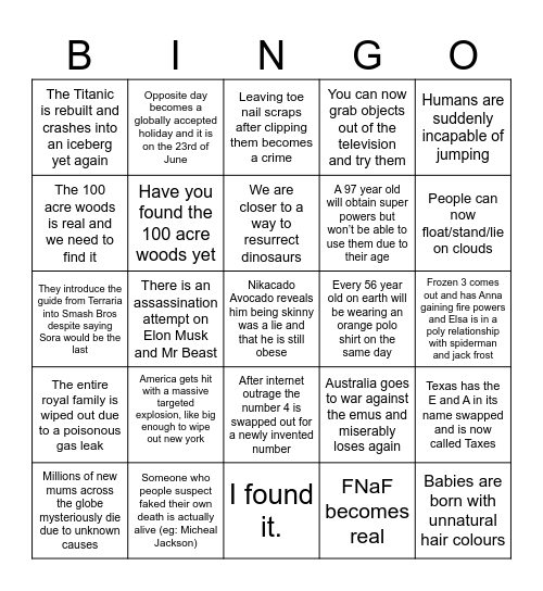 Unlikely 2025 Bingo Board, Made By Areatrix Bingo Card
