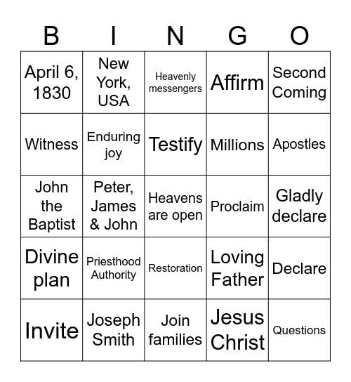 Restoration Proclamation Bingo Card