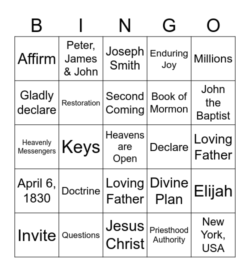 Restoration Proclamation Bingo Card