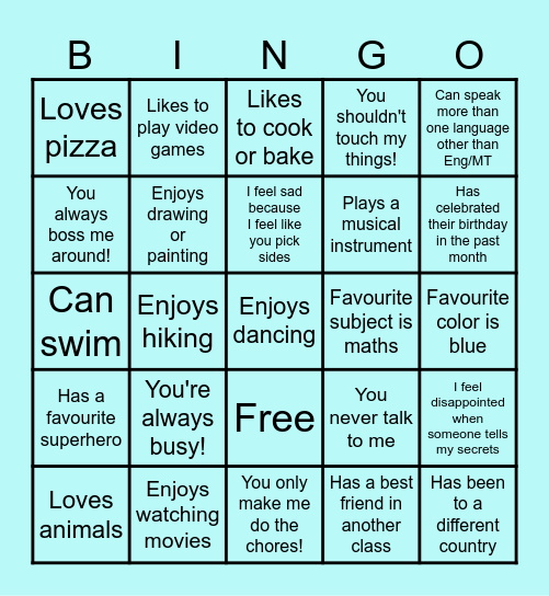 Our new class bingo card Bingo Card