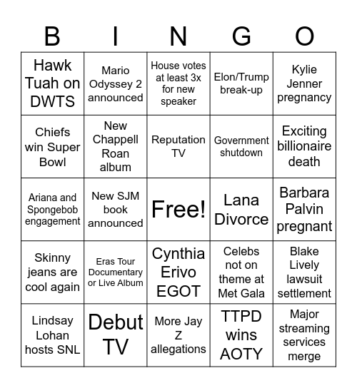 2025 Pop Culture Bingo Card